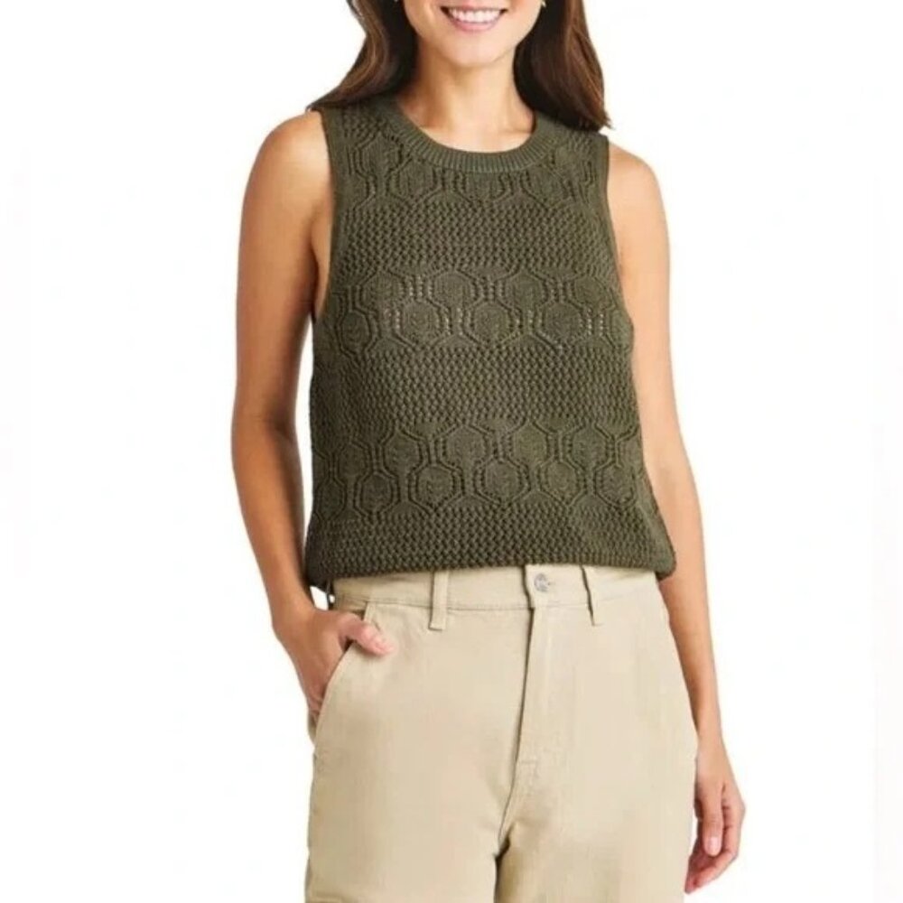 Splendid Open-Knit Crocheted Sleeveless Top Womens M Olive Green‎ Preppy Boho